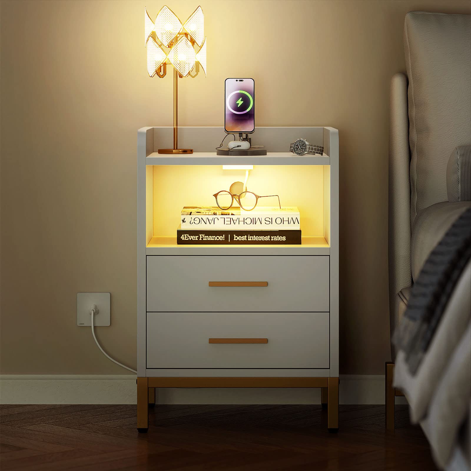YITAHOME Nightstand with Charging Station and LED Lights, End Side Table with 2 Drawers, Modern Bedside Table for Bedroom with USB Ports and Outlets, Open Storage, Sef of 2, White