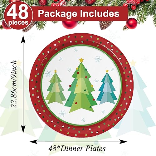 Miniatura 2 de ZOIIWA 48 platos de papel coloridos para árbol de Navidad, platos de árbol de Navidad con punto rojo y verde, desechables, decoraciones de mesa de