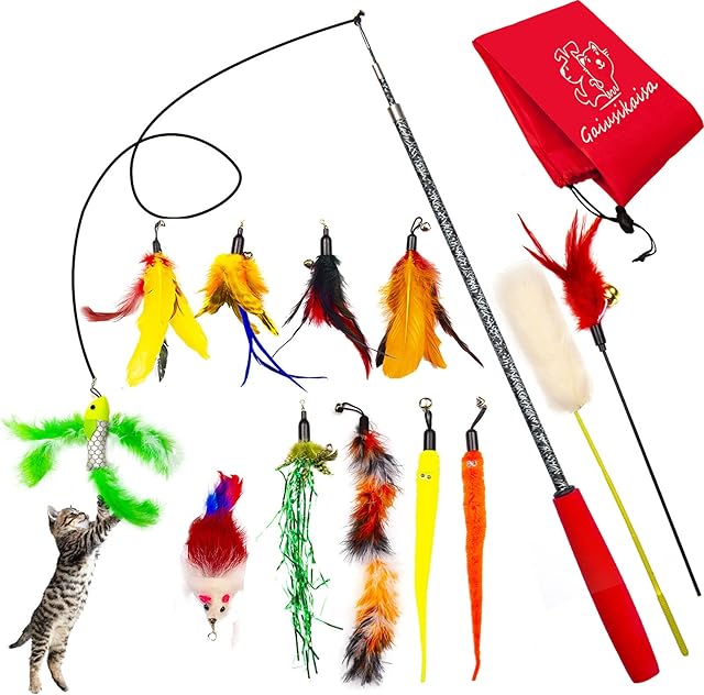Cat Feather Toys,13Pcs Cat Toys For Indoor Cats,Cat toys set,Kitten Toys,Cat wand toys,Interactive Cat Feather Toys Retractable Wand with 10 Feather Refills and 2 Cat Teaser Wand,Fish Toy,Bell Toys