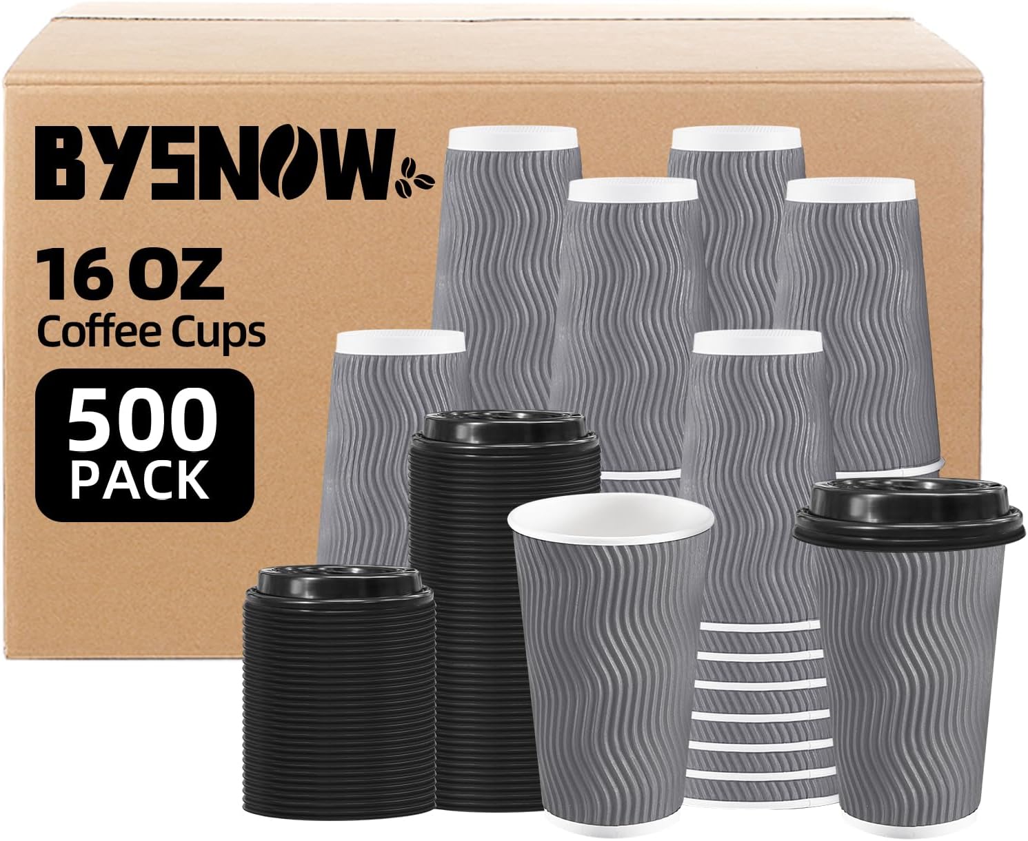 BYSNOW 100 Pack 16 oz Coffee Cups with Lids, Disposable Insulated Hot Cups To Go Paper Coffee Cups, Corrugated Ripple Wall Cup for Hot Drink, Office, Coffee Bar (Grey 16 oz)
