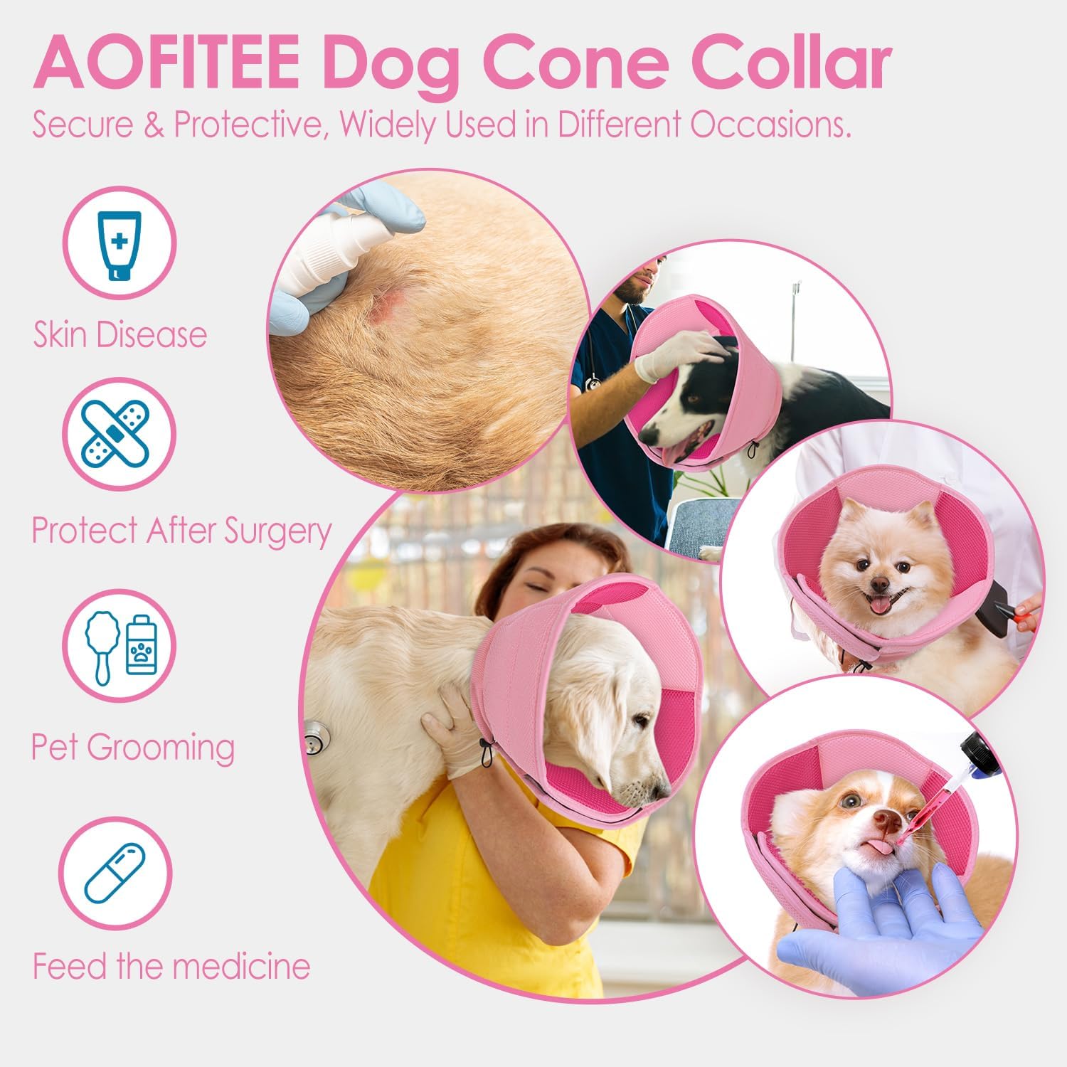 AOFITEE Dog Cone - Soft Dog Cone to Stop Licking, Comfy Cones for Dogs After Surgery, Adjustable Dogs Cones Collar Elizabethan Pet E-Collar for Medium Pets, Pet Recovery Collar, Pink Medium