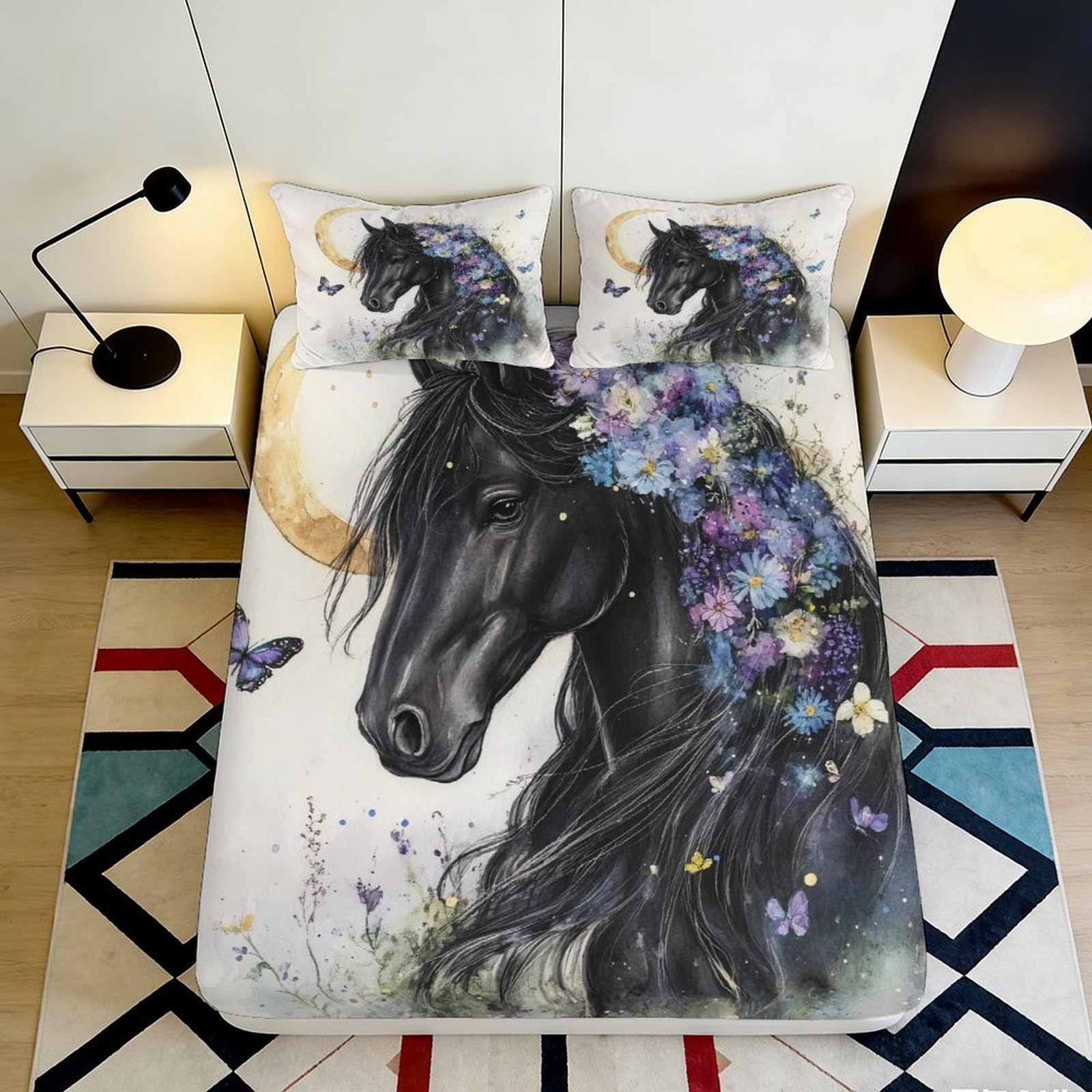 3D Printed Black Horse Fitted Sheet Microfiber Soft Butterfly Meadow Mattress Cover for Bedroom Guest Room Decor 90x200x25cm
