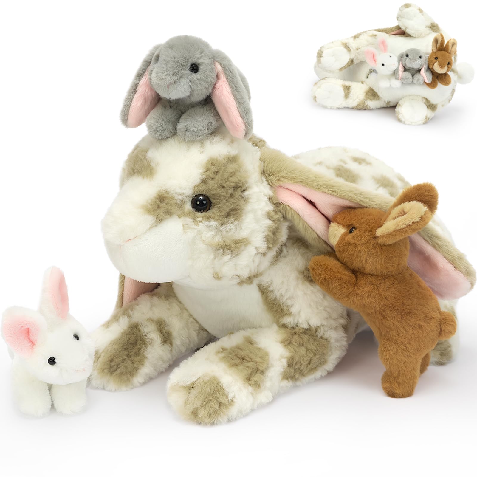 MaoGoLan 45cm Gray Spotted Lop Eared Rabbit Plush Toy, Lying Stuffed Mommy Rabbit with 3 Bunny Babies Inside, Cute Soft Stuffed Animal Toy Gift for Kids Girls Boys