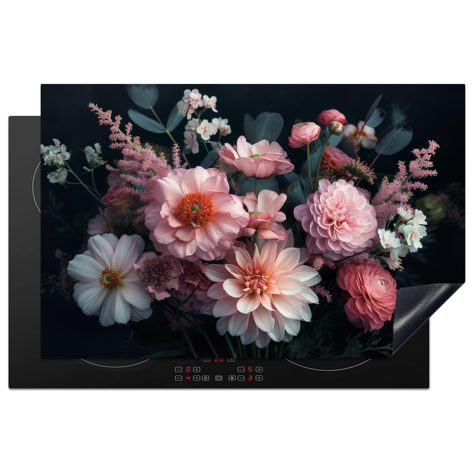 KitchenYeah© Induction Hob Cover Protector Mat 20.5"x31.5" / 80.2x52.2 cm Kitchen Universal Ceramic Covers for Electric Cookers Vinyl Flowers - Colourful - Pink - Plants