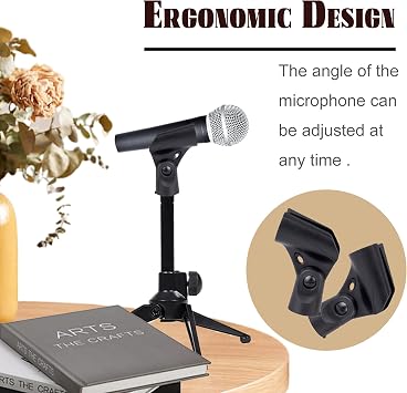2PCS Microphone Clip Mic Clip Replacement Adjustable Mic Holder Microphone Holder Clamp with 5/8 to 3/8 Mic Screw Adapter Black Universal Mic Clips for Stands for Wired Wireless Mic