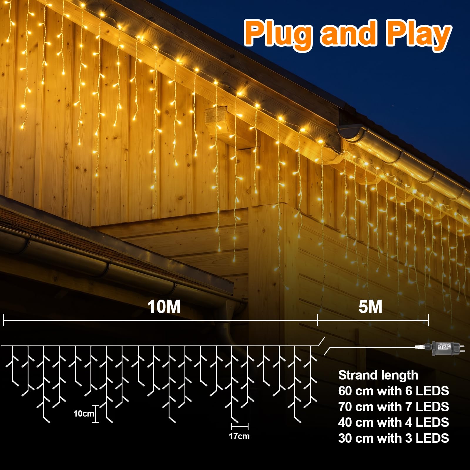15M Eisregen Lichterkette Außen für Weihnachtsdeko, Warmweiß
