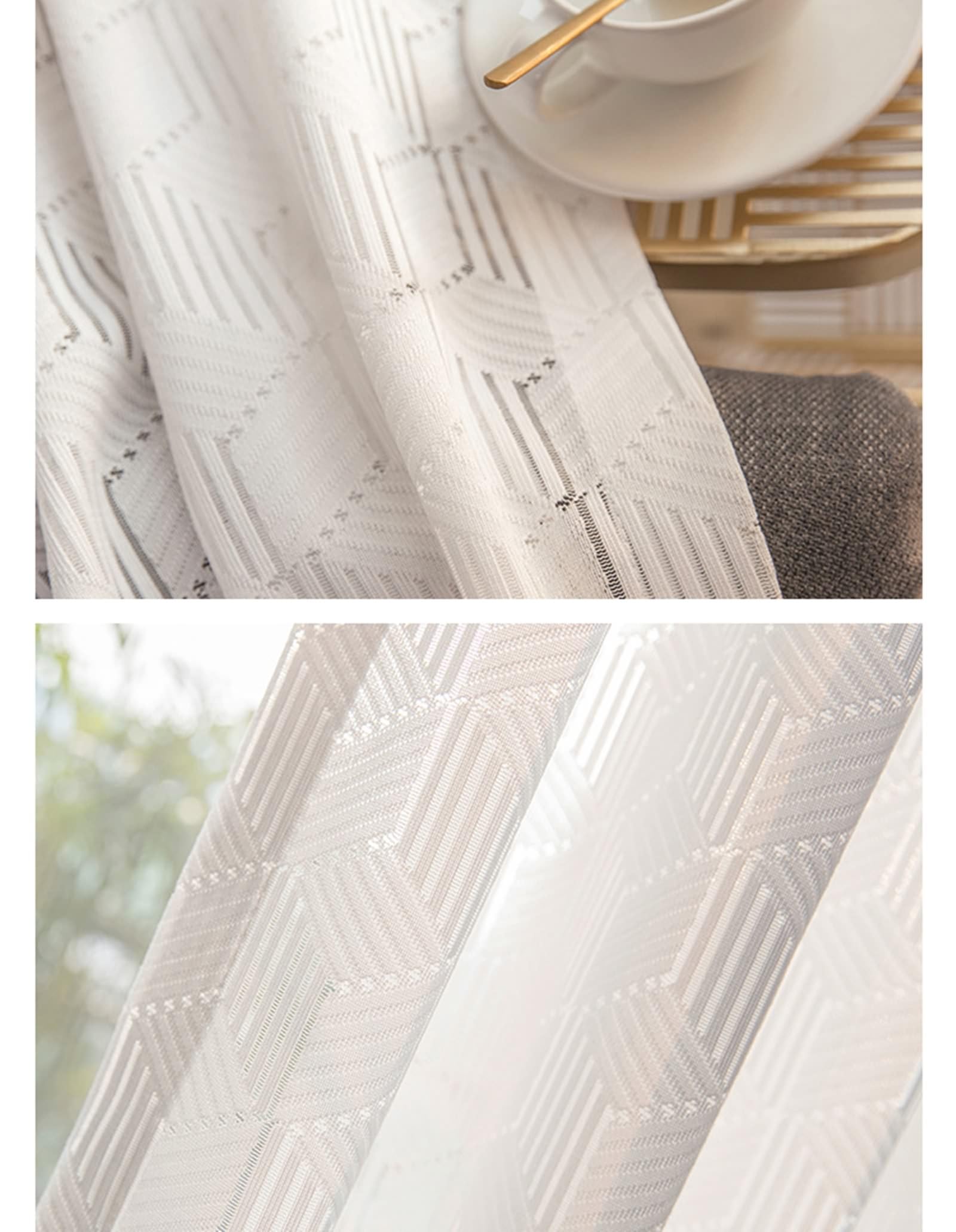 Cortinas blancas transparentes para dormitorio pequeño, juego de 2 con ojales, 96 x 115 cm, poliéster ligero con patrón geométrico, perfectas para decoración del hogar