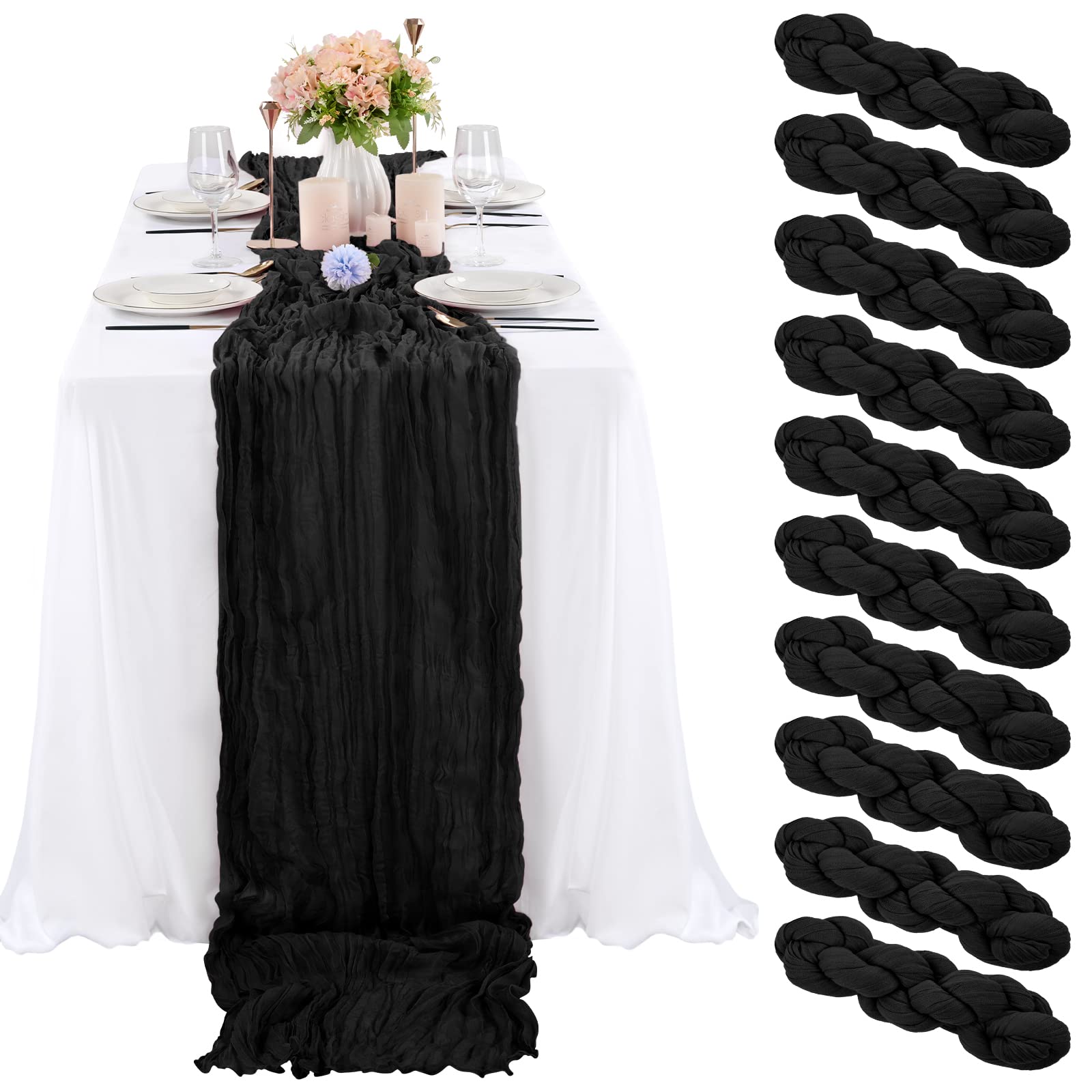 10 Pcs Black Cheesecloth Table Runner 10FT, Gauze Table Runner for Wedding Reception Sheer Bridal Shower Birthday Party Boho Table Decoration, Rustic Romantic Wedding Runner