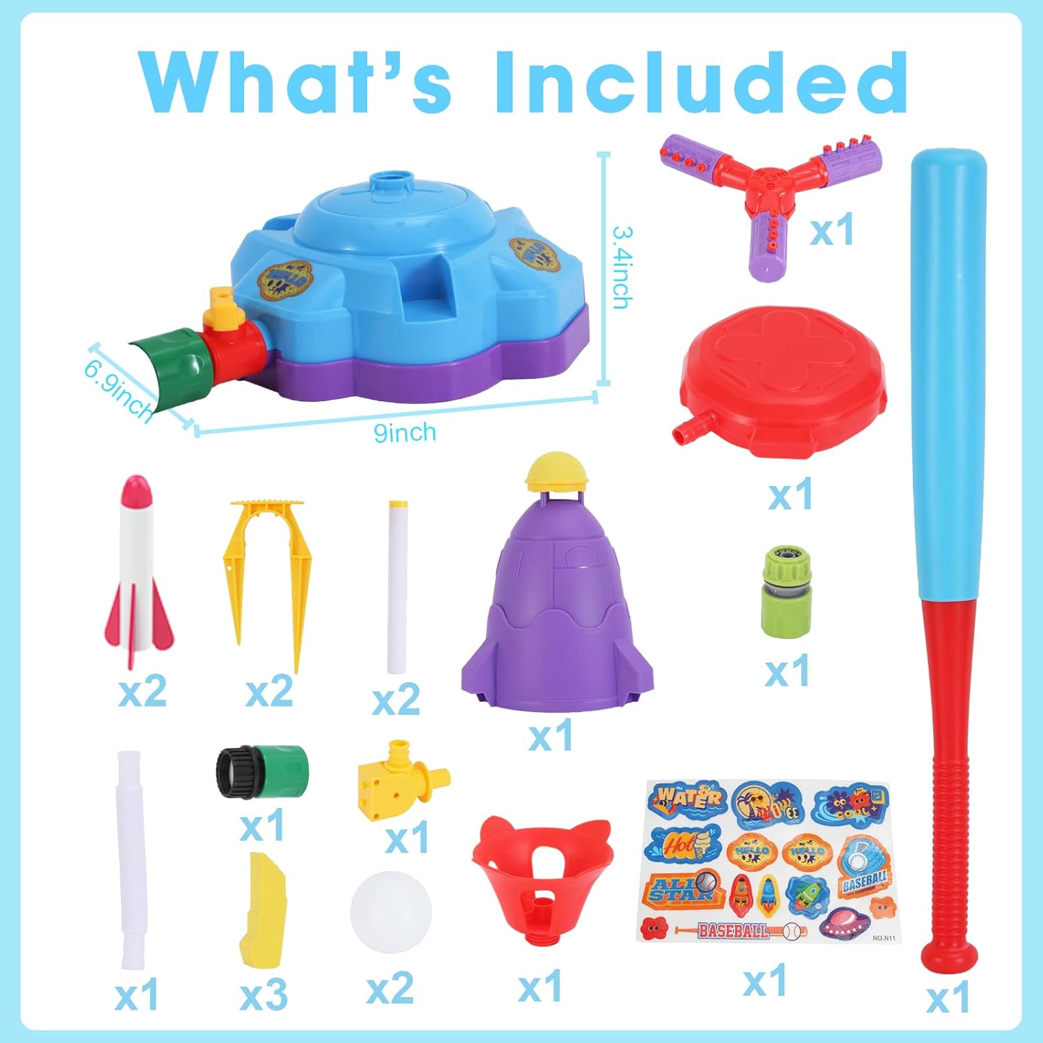 4-in-1 Water Sprinkler Toys for Kids, Outdoor Water Baseball, Rotating Water Spray, Rocket Launcher for Toddlers 3-5, Backyard, Garden, Lawn, and Pool Summer Playset for Boys and Girls Aged 4-12.