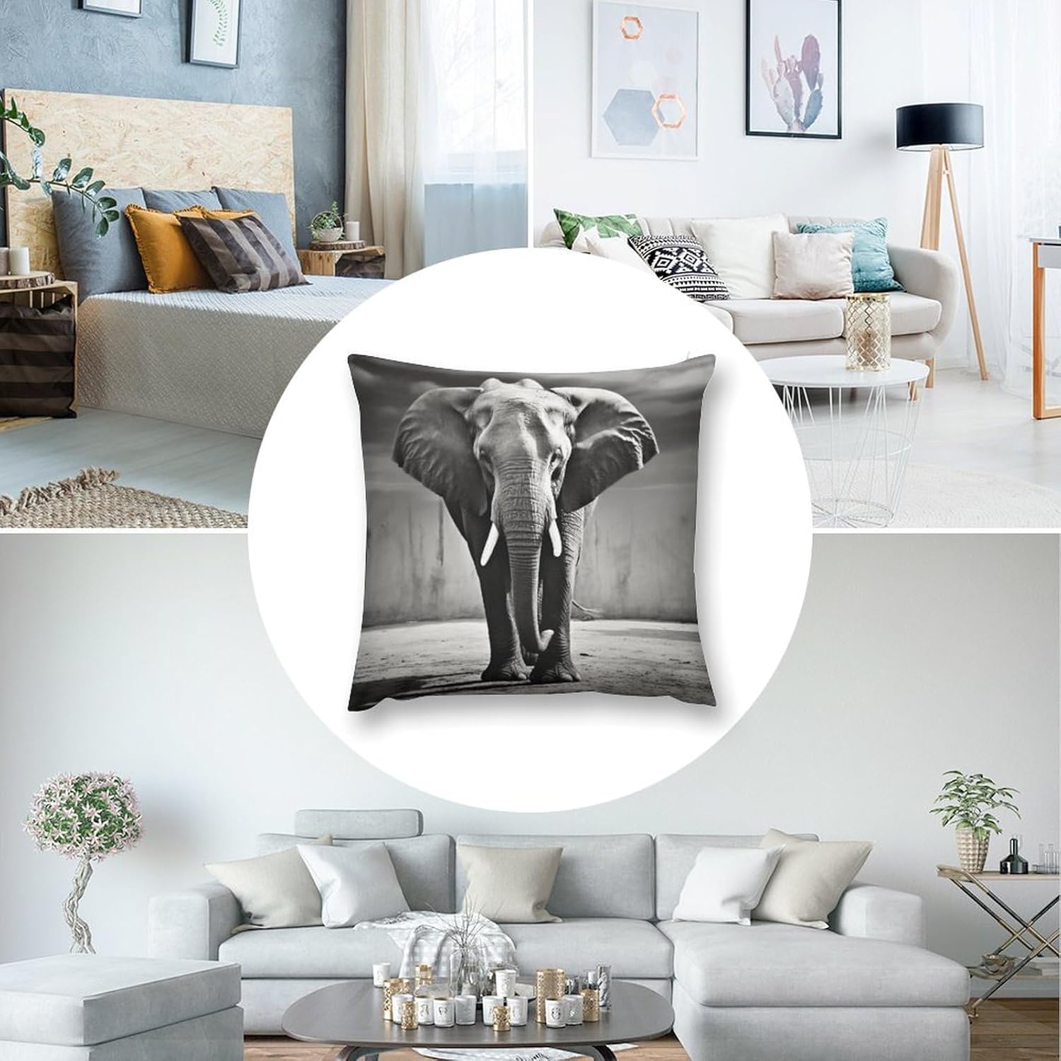 Zippered Pillow Cover, Pillow Protector, Black and White Elephant Printed Pillow Cover of 4, Pillow Not Included