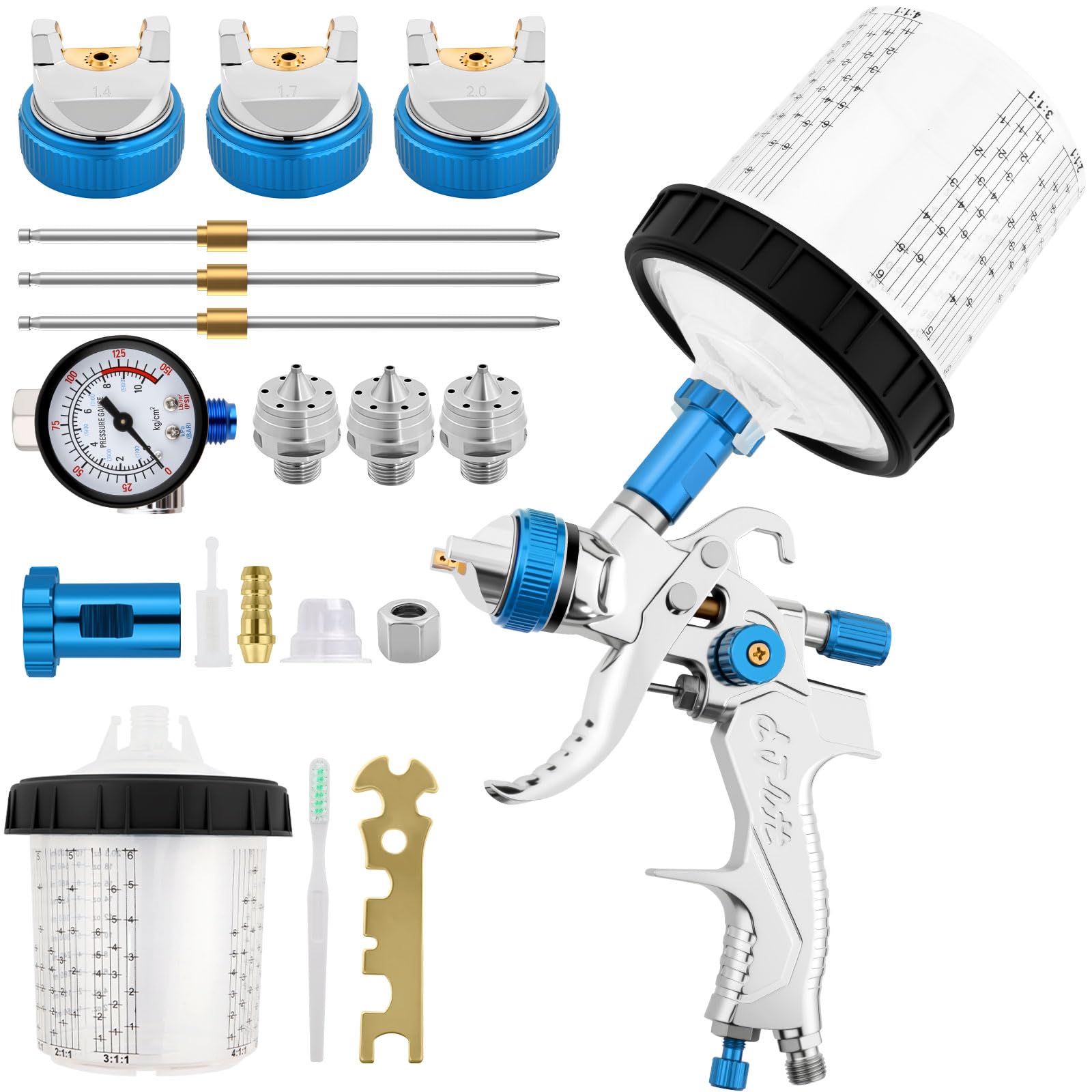 Kit di spruzzatori HVLP per vernice, Include 3 ugelli (1,4 mm, 1,7 mm, 2,0 mm), tazza in plastica da 600 ml e valvola di sicurezza per lo scarico della pressione(blu)