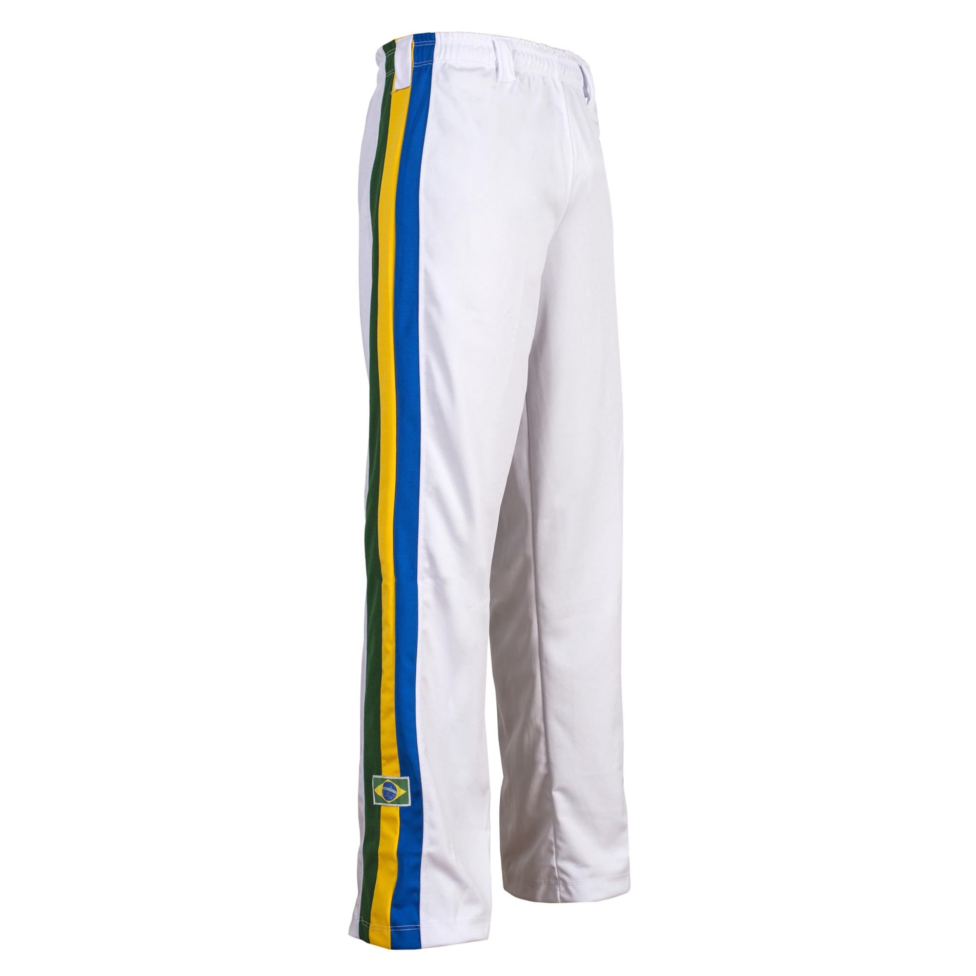 JL SportAuthentic Brazilian Capoeira Martial Arts Men's Trousers (White with Brazil National Colored Vertical Leg Stripes)