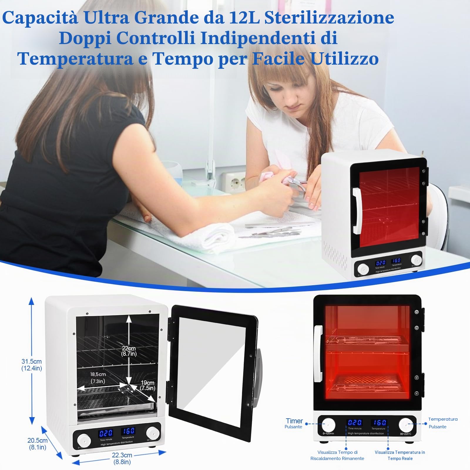 Sterilizzatore ad alta pressione 12 L, sterilizzatore ad aria calda 600 W a calore secco, display temperatura LED, per saloni manicure, pedicura, centri estetici e studi tatuaggi