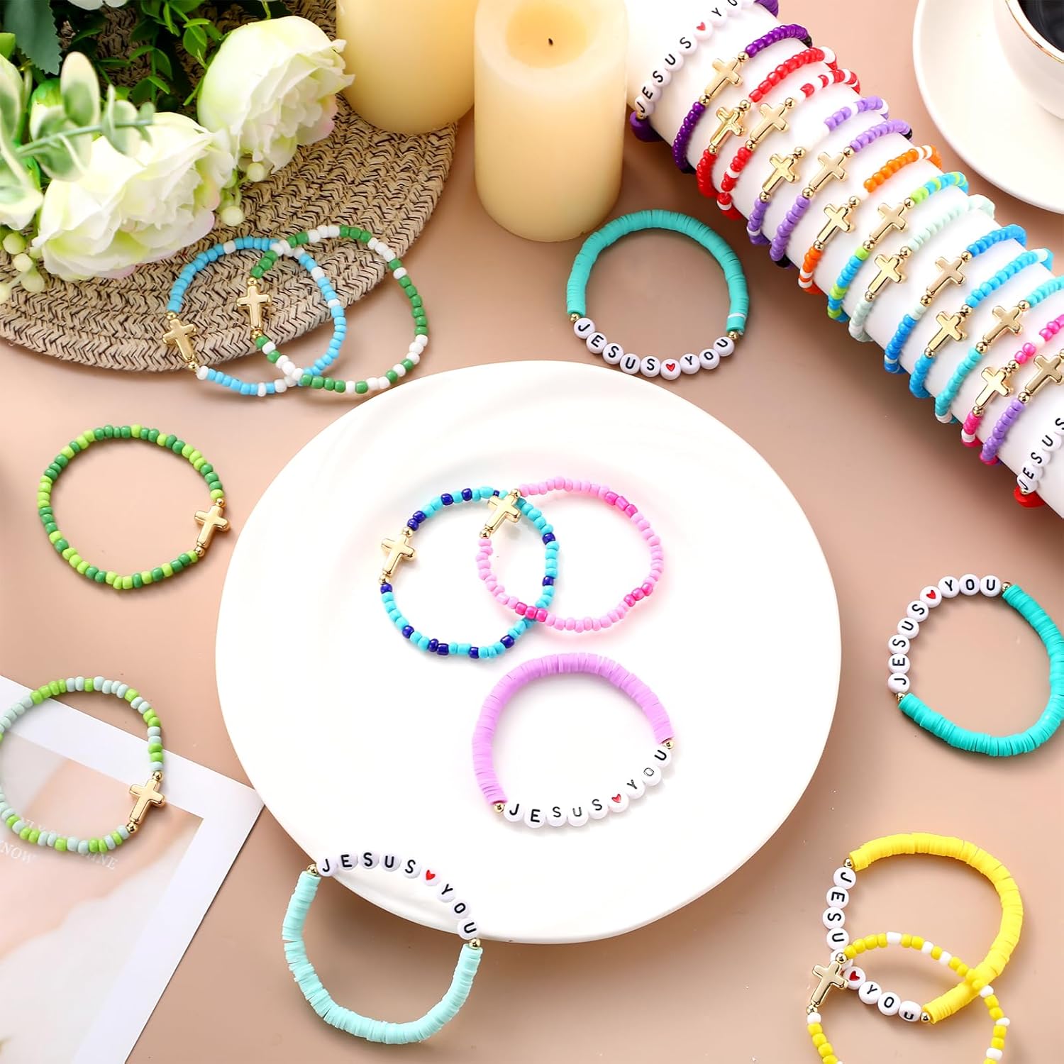 100 Pcs Beaded Friendship Bracelets Bulk Colorful Inspirational Stretch Bracelets Y2k Preppy Adjustable Jewelry for Rainbow Princess Women Beach Party Favor Gifts(Cross) - Image 7
