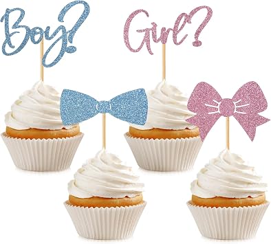 36 PCS Boy or Girl Cupcake Toppers Bow Tie Cupcake Picks Glitter Pink and Blue Cake Topper for Gender Reveal Baby Shower Kids Birthday Party Decorations Supplies