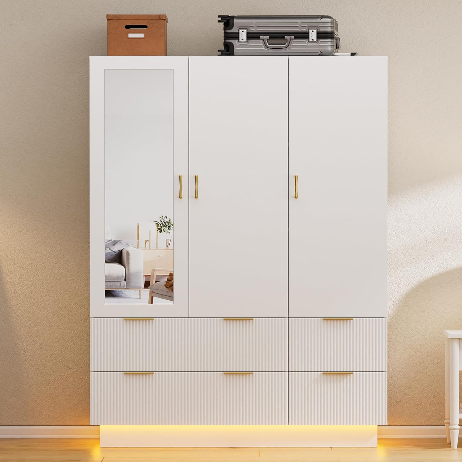 PAKASEPT Armoire Wardrobe Closet with 3 Door, Bedroom Armoires with Mirror and LED Lights, Hanging Rod, Drawers, Large Capacity Storage Wardrobe Armoire for Bedroom