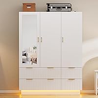PAKASEPT 3-Door Bedroom Armoire Wardrobe with Full Mirror, RGB LED Lights, Hanging Rod & 4 Drawers - Large Capacity Storage Closet