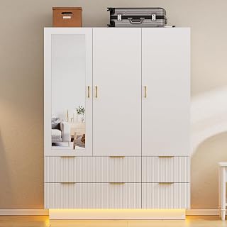 PAKASEPT 3-Door Bedroom Armoire Wardrobe with Full Mirror, RGB LED Lights, Hanging Rod & 4 Drawers - Large Capacity Storage Closet