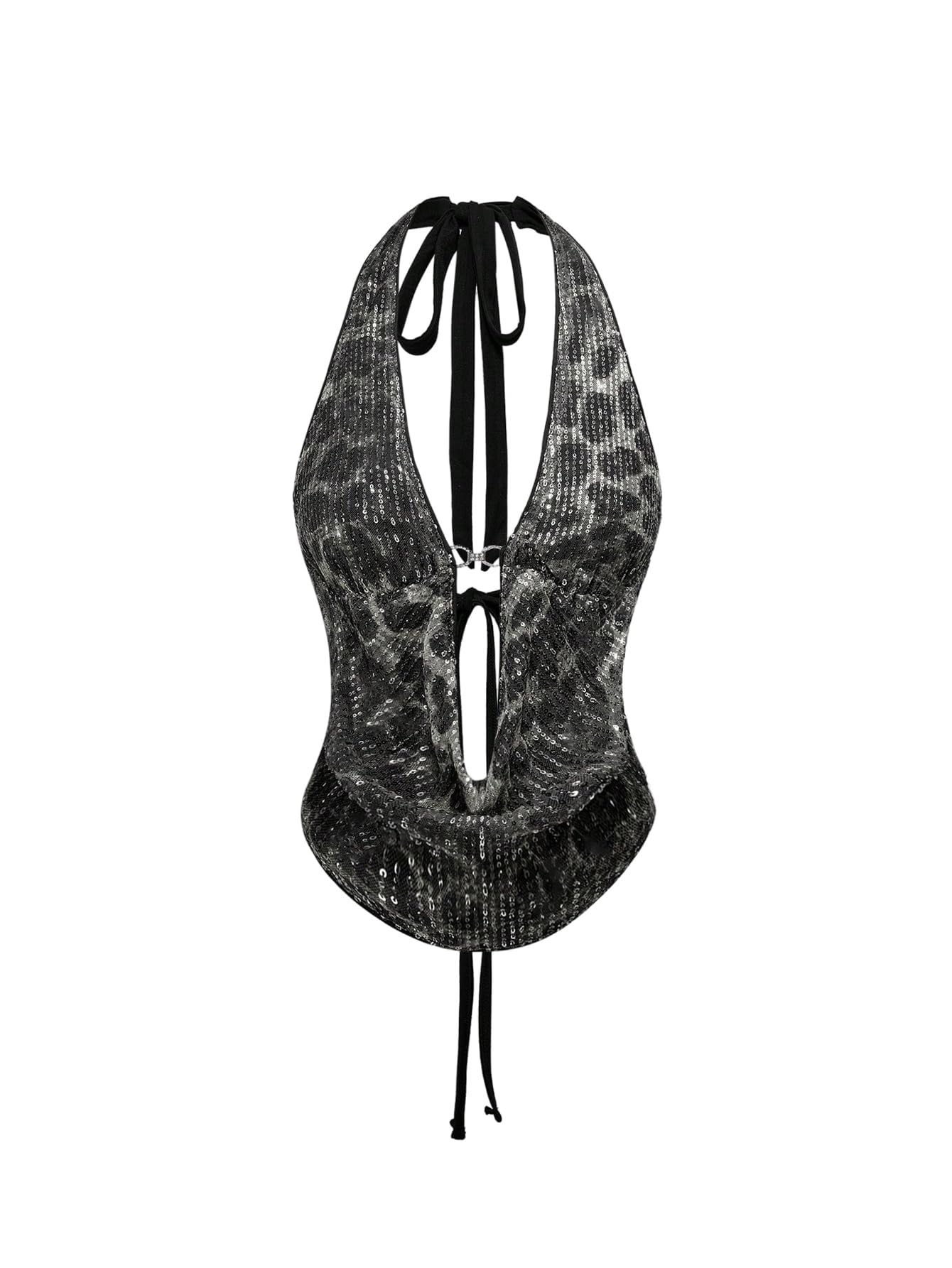 Womens Cheetah Print Sequin Top Y2K Tie Back Crop Top-image-3