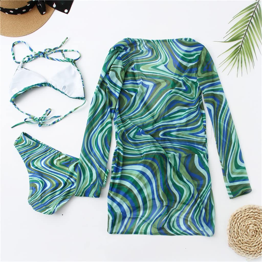 Conjunto Sexy Traje de baño con Cuello en V Profundo Ropa de Playa Estampado de Manga Larga Conjunto de Bikini de Vendaje de Tres Piezas Cubierta (Color : Red, Size : L) (Green S)