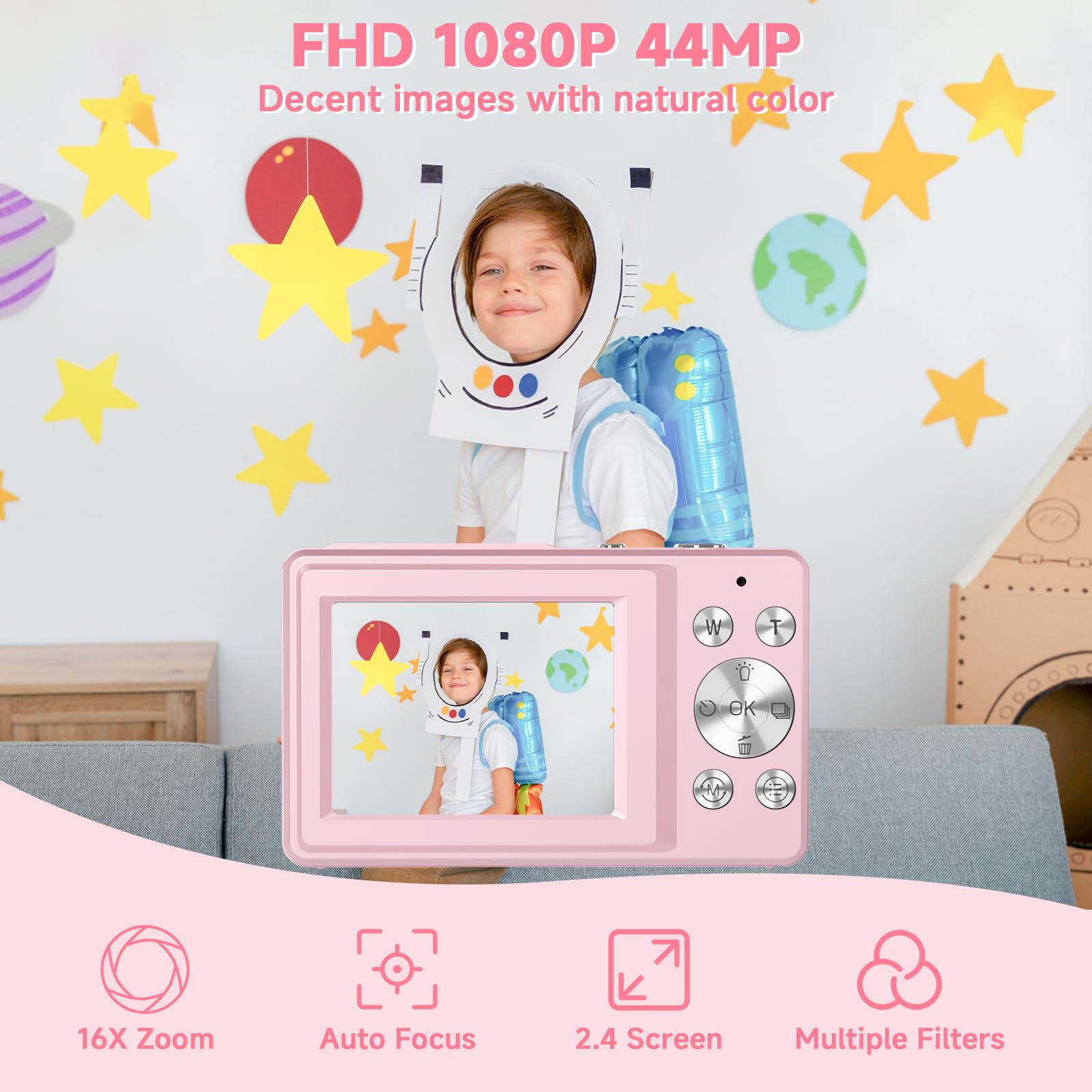 Digital Camera, 44MP Compact Camera, FHD 1080P Point and Shoot Digital Cameras with 16X Zoom, Face Detect, Smile Capture, Anti Shake, for Boys Girls Teens Gifts (Pink) — Amazon image 2
