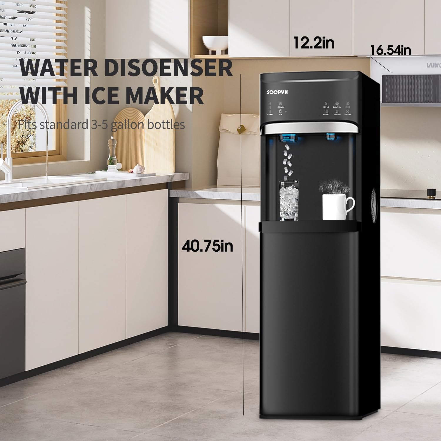 Water dispenser with self-cleaning feature highlighted