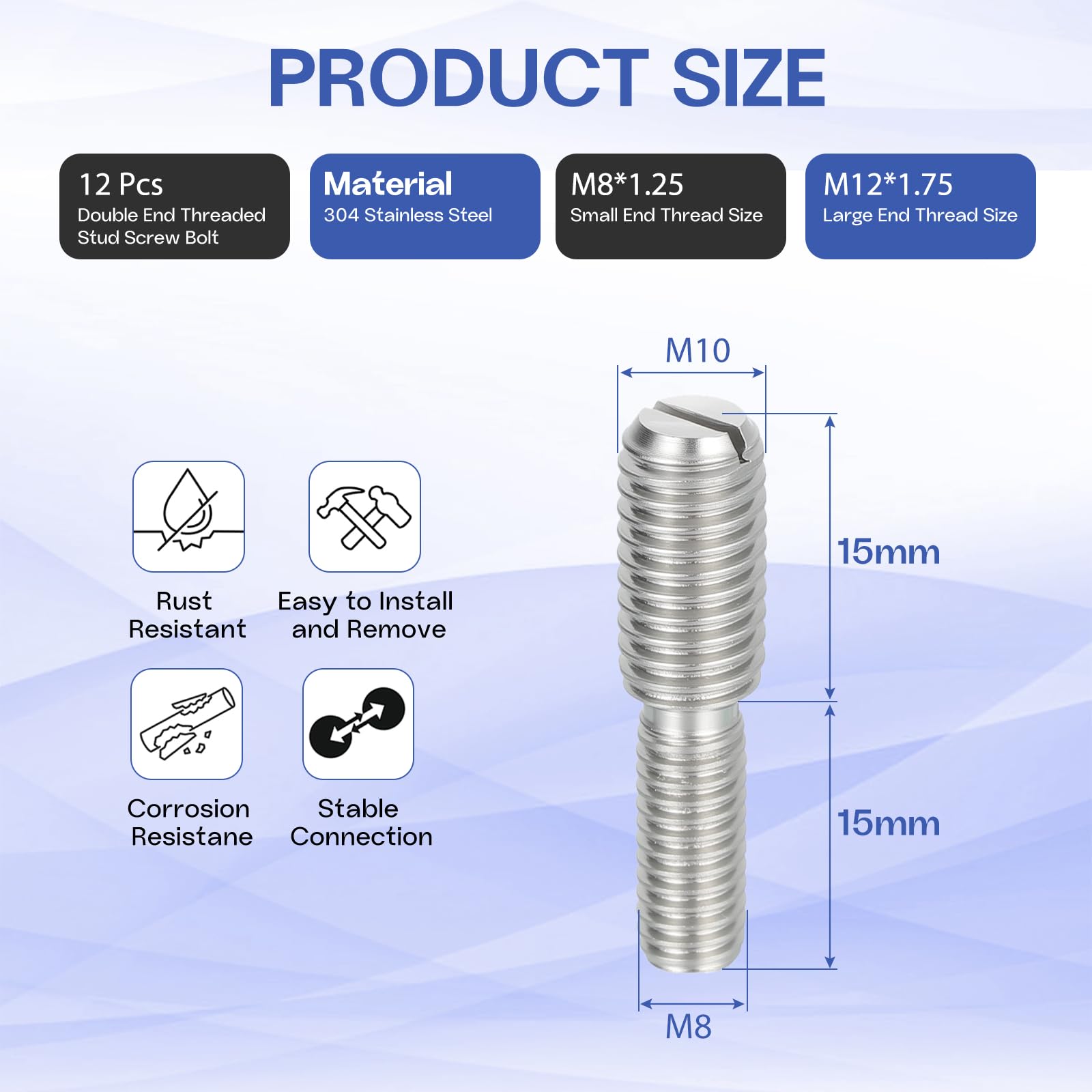 HiPicco M8x15mm to M12x15mm Double End Threaded Stud Screw Reducing Bolt,304 Stainless Steel Thread Reducer Adapter for Furniture Fastener Welding Hardware Connectors 12 Pack - Image 2