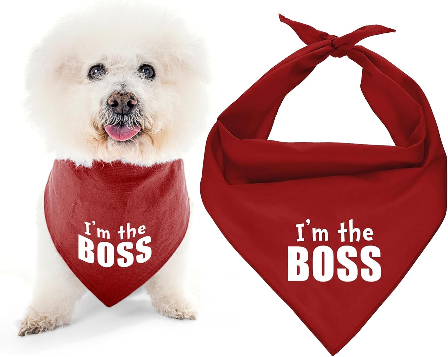 Parisian Pet Red Dog Bandanas - Adjustable I’m The Boss Puppy Bandana - Summer Dog Accessories - Breathable and Stylish Dogs Kerchief - Triangle Pet Scarves - Small Dogs Bandana - Bib for Pets
