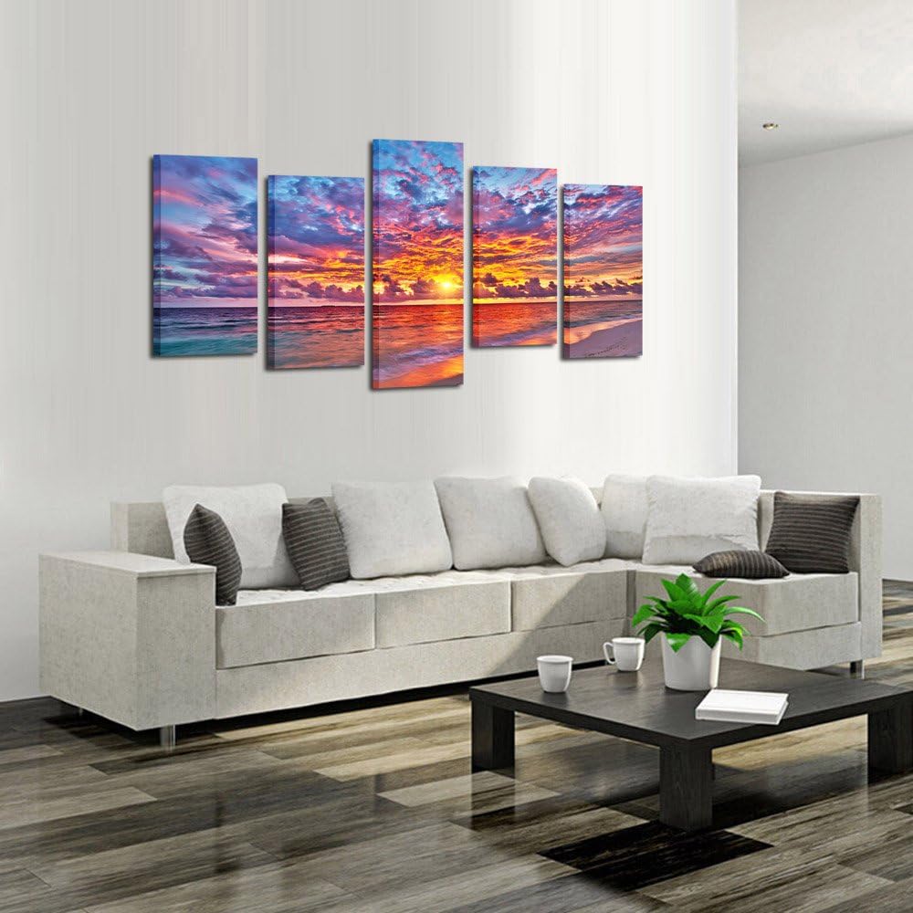 KREATIVE ARTS - 5 Pieces Modern Canvas Painting Wall Art Colorful Sunset Over Ocean on Maldives Seascape Picture Print On Canvas Giclee Artwork For Wall Decor (Large Size: L 60'' x H 32'')