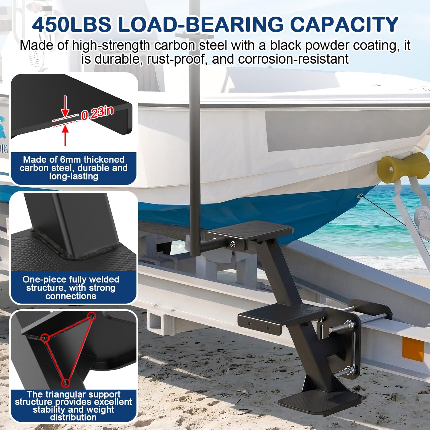 Boat Trailer Steps with Non-Slip Handrail, 3-Step Heavy-Duty Boat Trailer Steps for the Tongue, Hold Up to 450lbs, Adjustable Universal Side Mount for Bass, Pontoon Boats