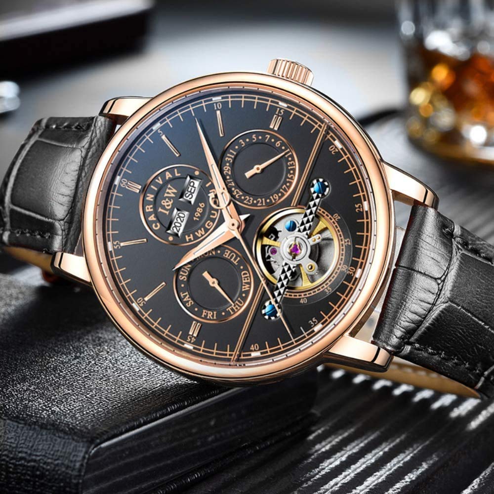 MASTOP Herren-Armbanduhr, automatisch, mechanisch, Tourbillon, Leder, leuchtend, Business-Herrenarmbanduhr