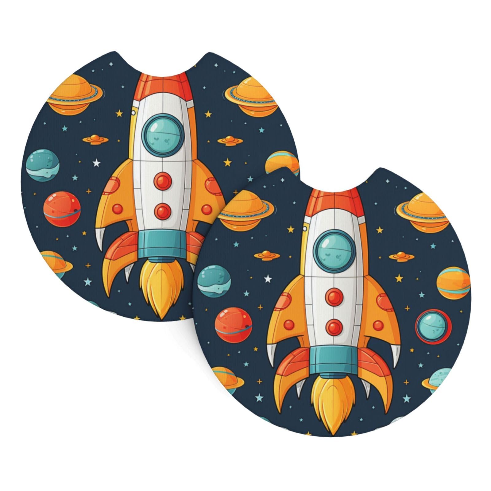 2PCS Car Coaster for Cup Holders Universal Auto Cup Mat Rocket Clipart Space Ship Cup Coaster Pad 2.7" Waterproof Neoprene Non-Slip Cup Holder Coasters Car Interior Accessories for Women Men