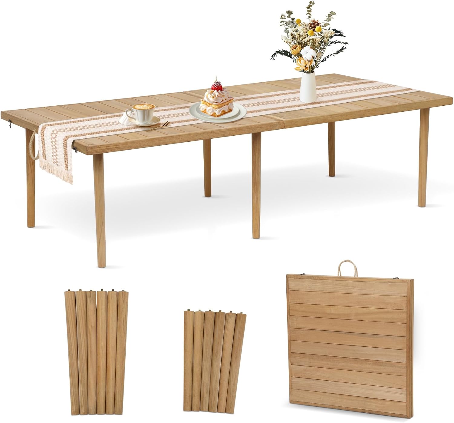Teak Low Picnic Table 60" x 30", Boho Picnic Table with Two Sets of Adjustable Legs for 6-8 People to Outdoor Dining, Picnics & Parties
