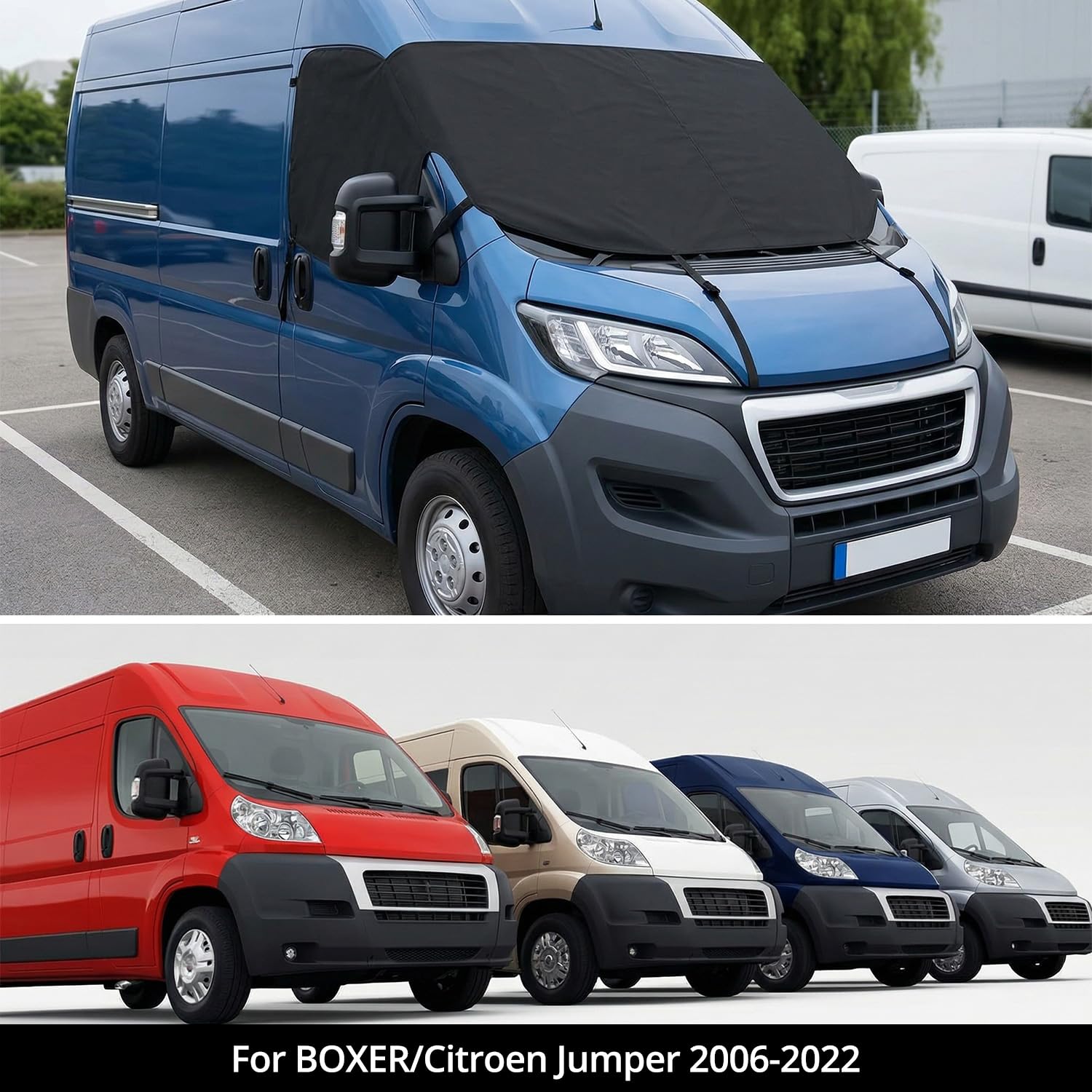 QWORK® Osłona na przednią szybę dla BOXER/Citroen Jumper 2006-2022, Termiczny Pokrywający Materiał Zewnętrzny z Tkaniny Oxford 600D – Ochrona Prywatności, Przed Promieniowaniem UV i Mrozem