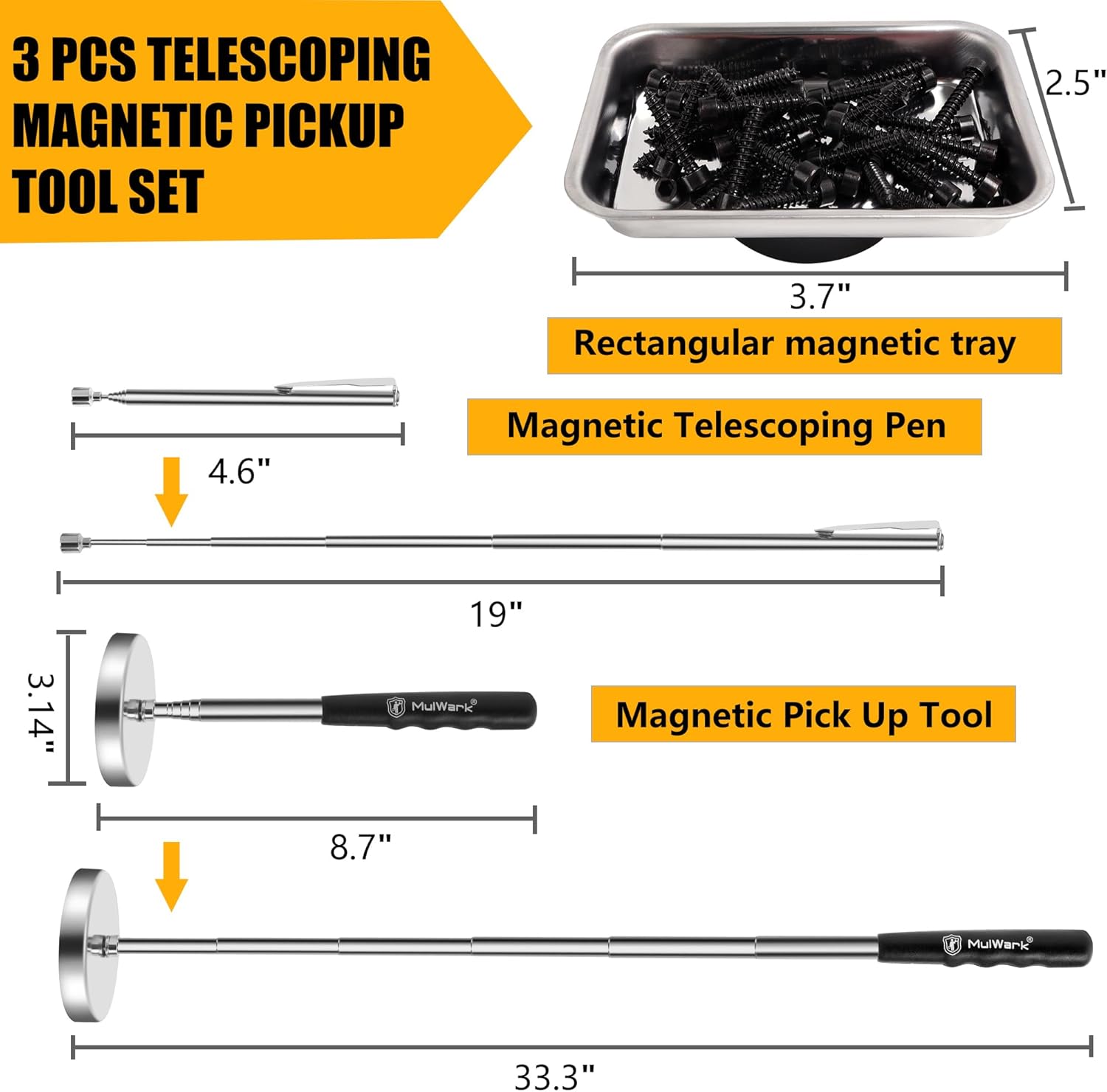 Mulwark 3pcs Telescoping Magnetic Pickup Tool Set with Pull Force, Magnet Stick Extendable up to 33.3in, Telescopic Magnetic Pick-Up Tool with Magnetic Pickup Pen, Rust-Proof Magnetic Tray (Large)
