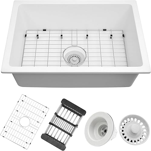 Miniatura 9 de MONSINTA Fregadero de cocina blanco, fregadero de cocina compuesto de granito blanco de 27 pulgadas, fregaderos pequeños y profundos de 27 x 18 x 9