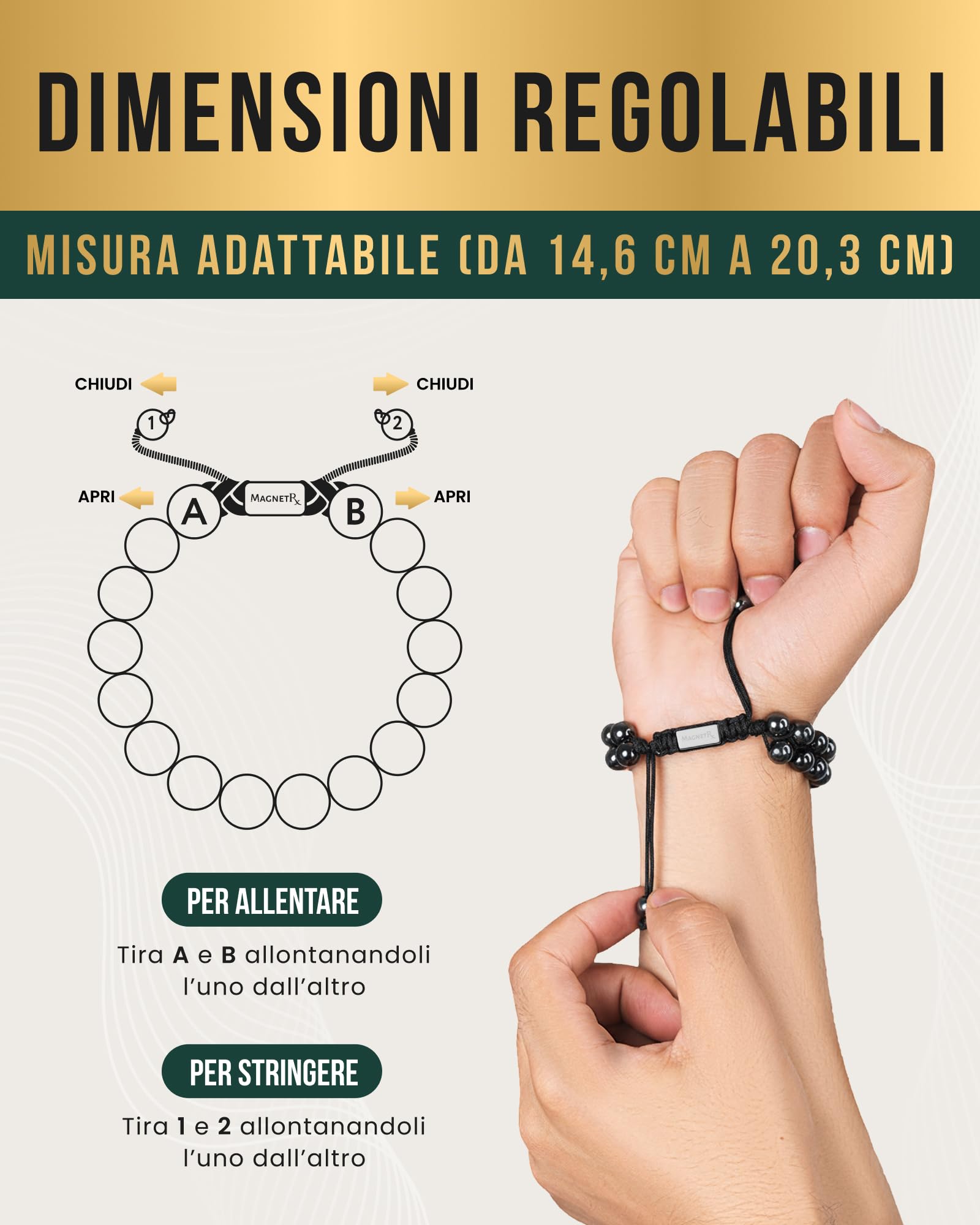 MagnetRX® Bracciale Magneticoin Ematite – Elegante Braccialetto Magnetico Regolabile – Realizzato a Mano (Double Strength 8mm)