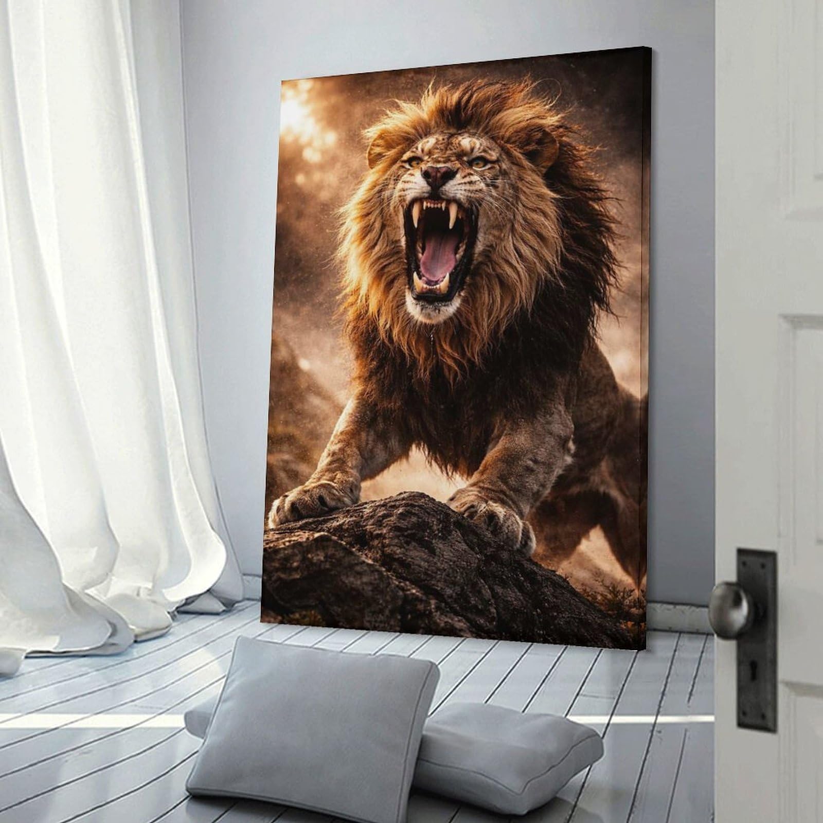 Junmoney Roaring Lion on Rocky Outcrop Decorative Wall Artwork 24x36inch(60x90cm), for Entrance Spaces, Stair Walls Or Halls, A Stylish Accent for Home Entrances