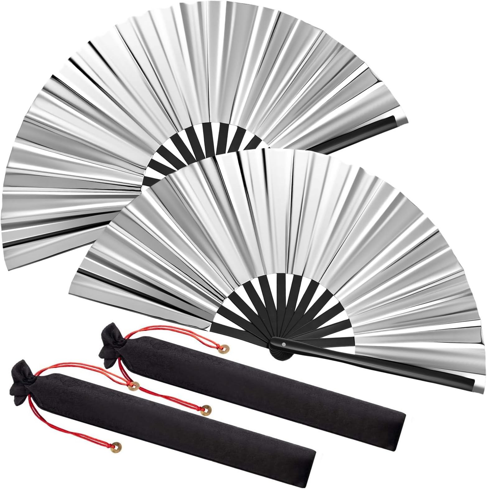 Maitys Large Folding Hand Rave Fans for Line Dancing Large Chinese Handheld Tai Ji Fans for Men and Women, Kungfu, Martial Art, Gifts, Music Festival Party(Laser Silver,2 Pack)
