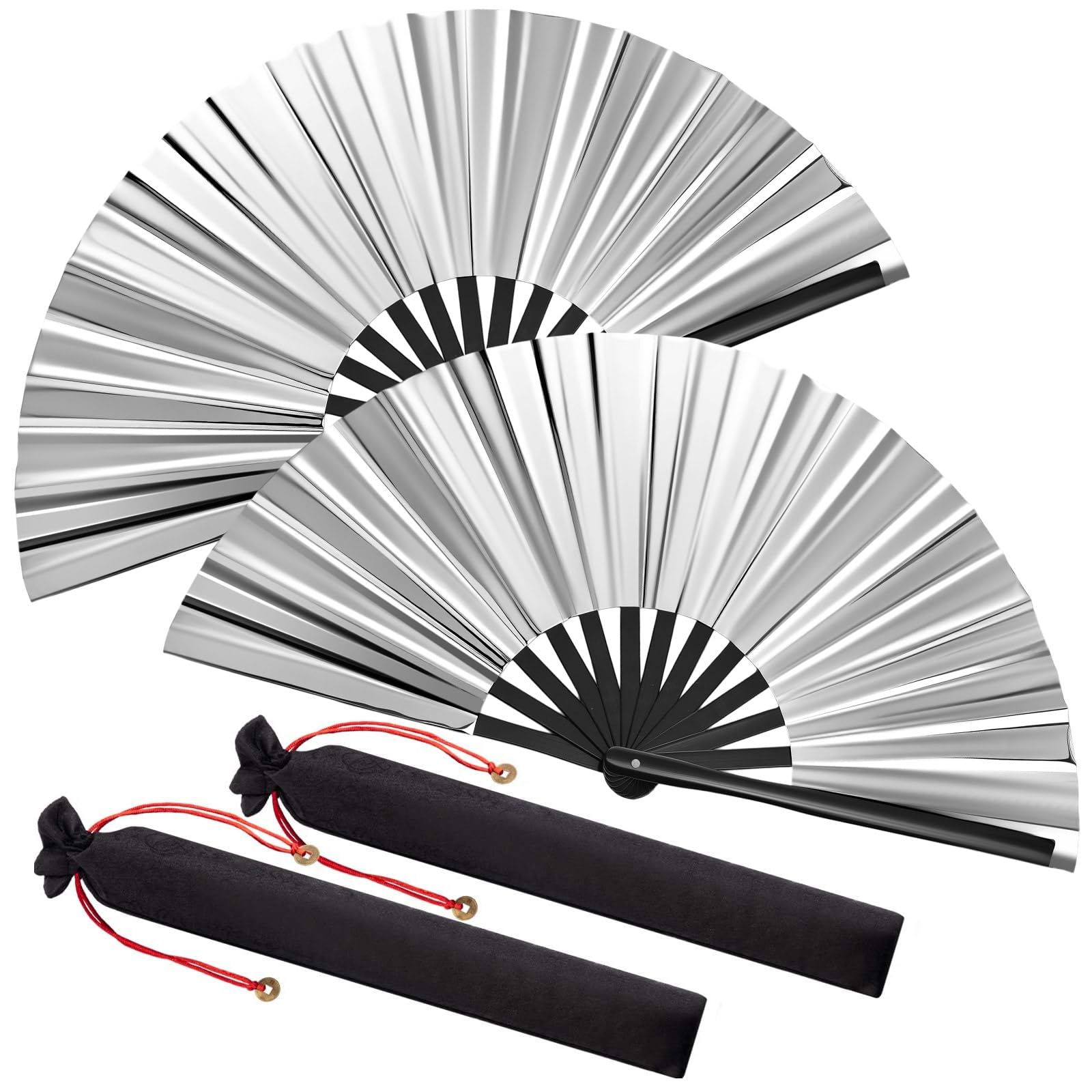 Maitys Large Folding Hand Rave Fans for Line Dancing Large Chinese Handheld Tai Ji Fans for Men and Women, Kungfu, Martial Art, Gifts, Music Festival Party(Laser Silver,2 Pack)