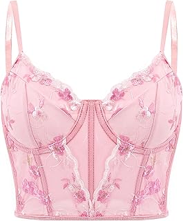 Testudineus Women Chic Floral Embroidered Corset Top Spaghetti Strap Sheer Mesh Push Up Bustier Bralette