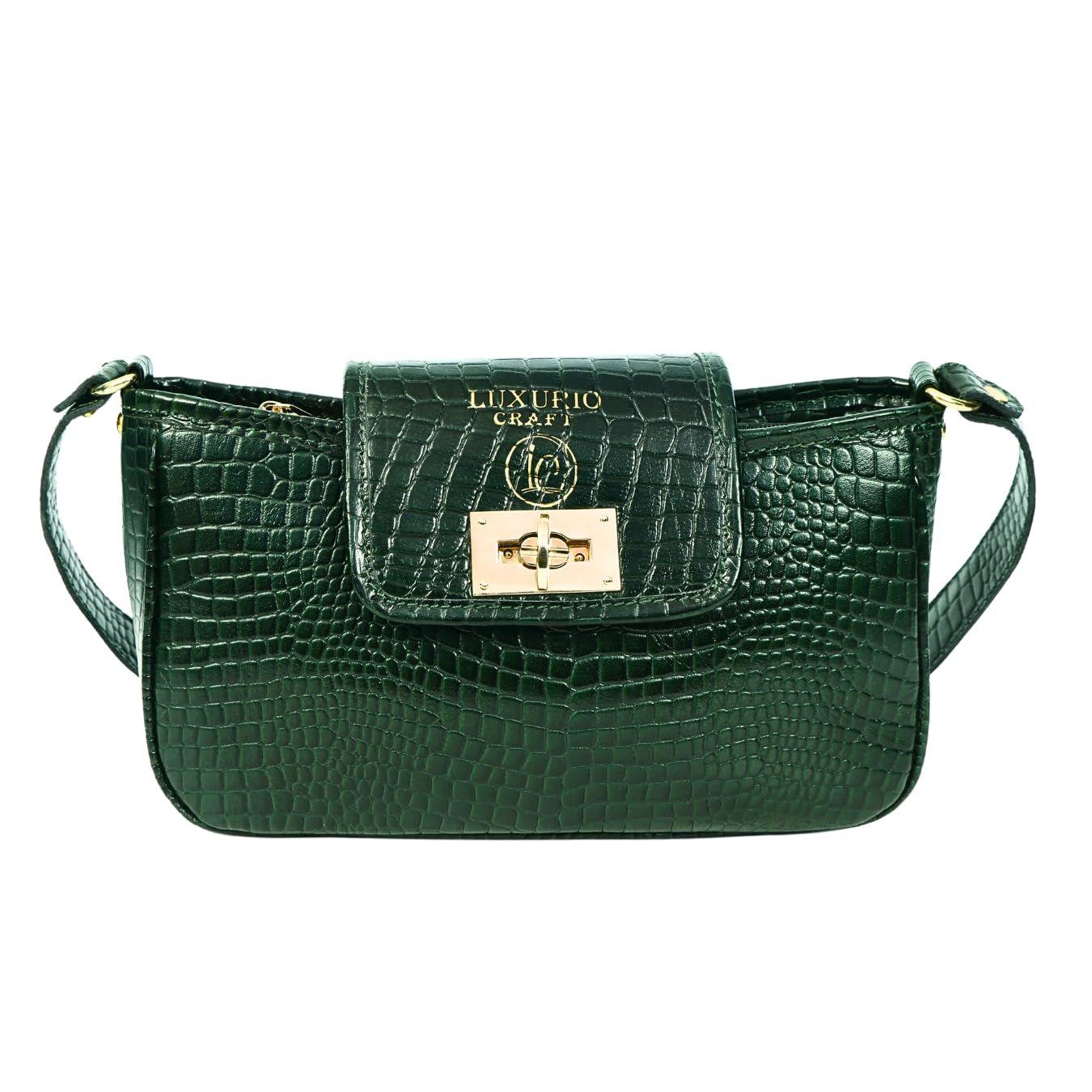 Croco Print Premium Leather Shoulder Bag | Elegant Hand Bag | Dark Green Color | Gold Hardware-image-3