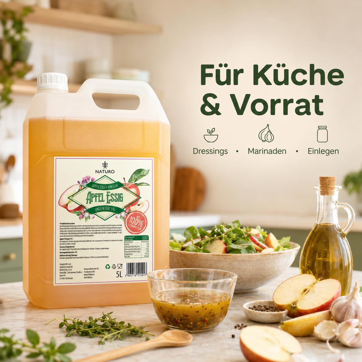 Naturo - Apfelessig Naturtrüb 5L – Hochwertiger Essig Ungefiltert 5% - Essigmutter Großer Vorratspackung - 100% natürlich, ohne Zusatzstoffe - ideal für Salate, Saucen und Gesundheitsvorteile