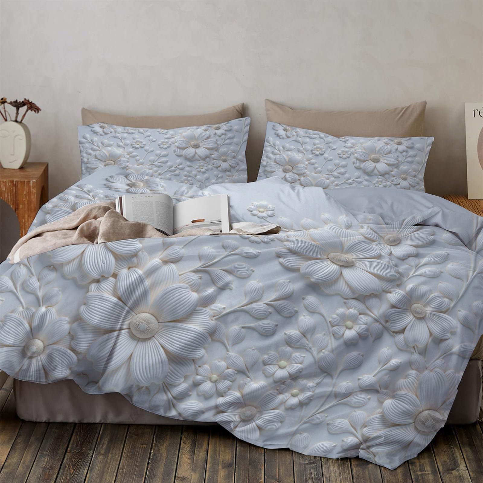 Copripiumino Matrimoniale Fiori Che Sbocciano, Set di Biancheria da Letto Microfibra 3 Pezzi, Parure Copri Piumino 260x240CM e 2 Federa 50x75, Beige Copritrapunta con Cerniera