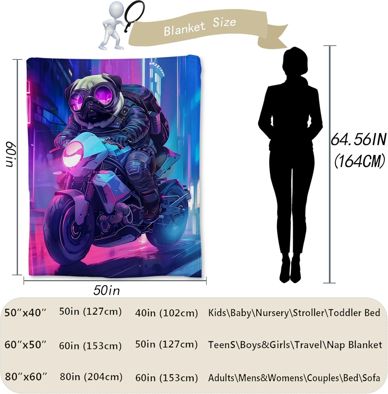 Pug Rider Blanket | Soft Warm Fuzzy Lightweight Animal Flannel Throw Blanket Perfect for Couch, Bed, Travel & Outdoor Use, Cozy Blankets for Adults Kids Boys Girls & Pug Dog Lovers 60×50 in - Image 3