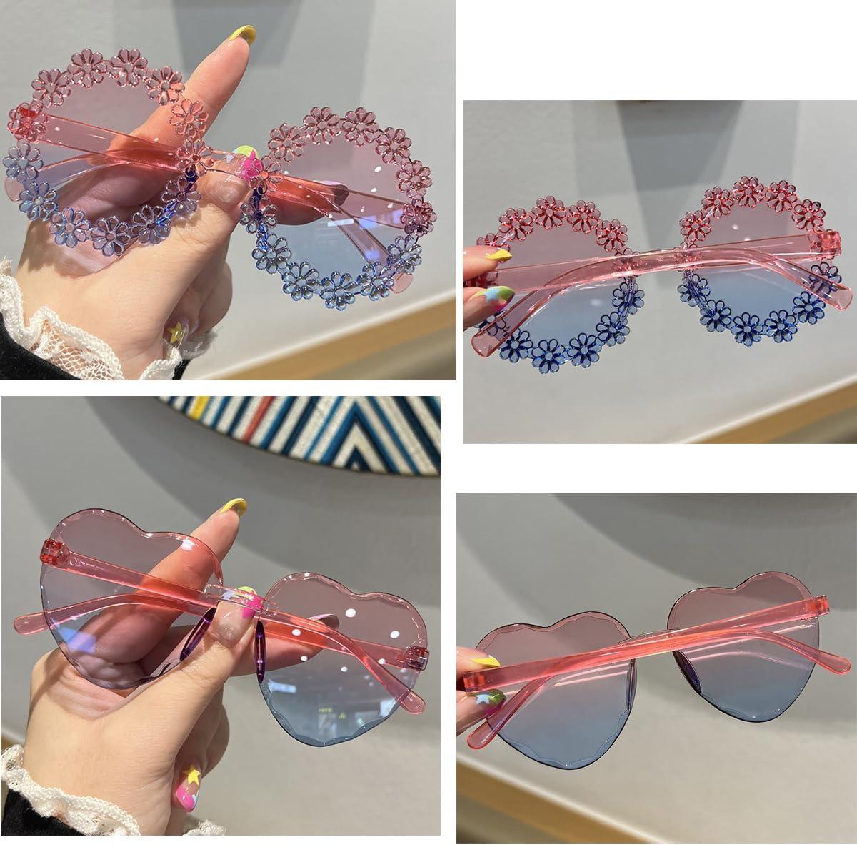 3-Pairs Girls Round Flower Sunglasses Little Girls Cute Bee Heart shaped Sunglasses for Outdoor Summer