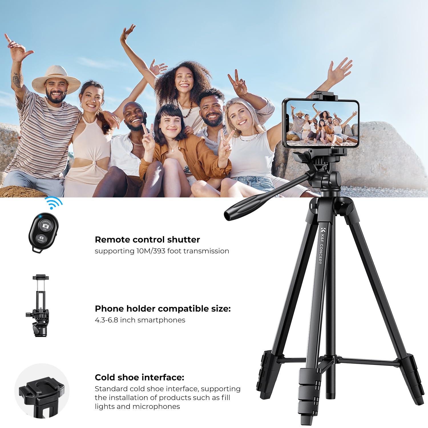 Treppiede Fotocamera e Smartphone 152cm, K&F Concept Treppiedi Leggero da Viaggio con Telecomando Wireless per Canon Nikon Sony iPhone Samsung, Huawei, Xiaomi, Live Stream YouTube Living Vlog