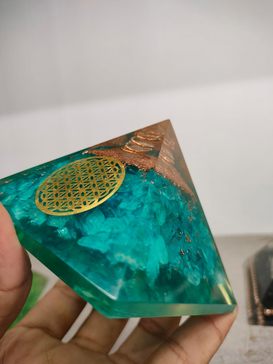 Blue Aquamarine Orgone Pyramid – EMF Protection & Positive Energy | Healing Crystal Pyramid for Anxiety Relief, Meditation & Reiki