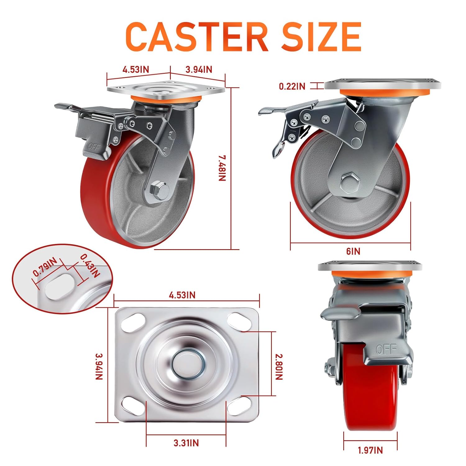 6 inch heavy duty caster wheels set of 4 industrial casters with brake,load 5000lbs,polyurethane silent steel wheels,for heavy duty die,industrial equipment movement,u-boat cart(2brake&2rigid) 2brake+2rigid 6 inch