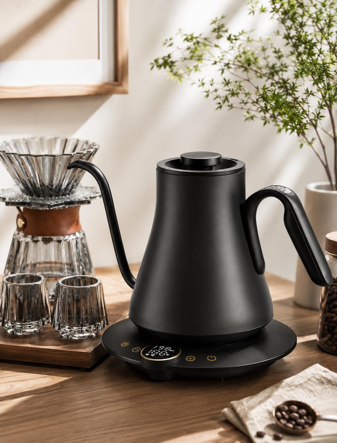 Cocinare Hervidor eléctrico de cuello de cisne, control preciso de temperatura, calentamiento rápido de 1500 W, hervidor de café y té con temporizador de preparación y mantiene el calor, acero